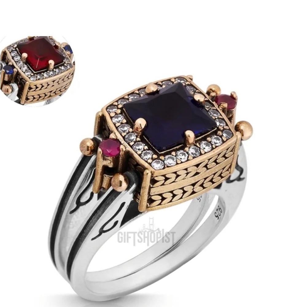 Sterling Silver Gold-Accent Blue Square Gem Statement Ring